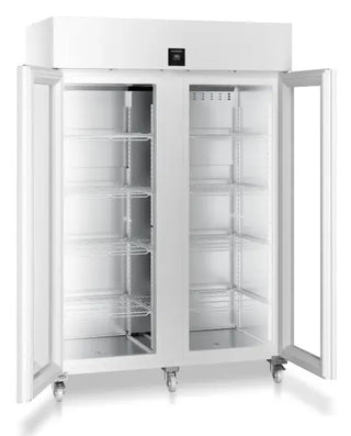 Large white Liebherr SRPvh 1412 Perfection Laboratory Refrigerator with open doors on a white background