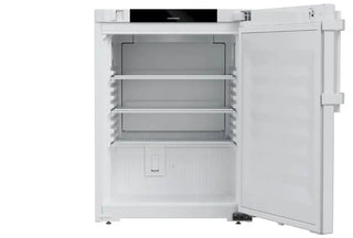 White Liebherr SRTvg 1501 Performance Laboratory Refrigerator with open solid door on a white background