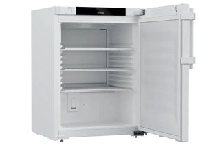 White Liebherr SRTvg 1501 Performance Laboratory Refrigerator with open door on a white background