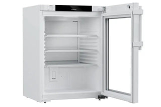 White Liebherr SRTvg 1511 Performance Laboratory Refrigerator with open door on a white background