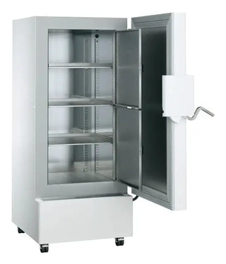 Stainless steel laboratory Liebherr SUFsg 5001 MediLine Scientific Ultra-Low-Temperature Freezer with open door on a white background