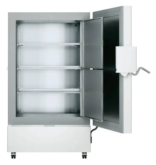 Stainless steel Liebherr SUFsg 7001 MediLine Scientific Ultra-Low-Temperature Freezer with open door on a white background