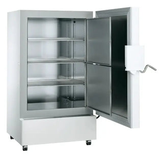 Stainless steel Liebherr SUFsg 7001 MediLine Scientific Ultra-Low-Temperature Freezer with open door on a white background