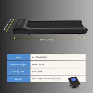 LifeSpan treadmill with dimensions and specifications on a gray background