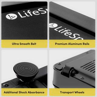 LifeSpan exercise equipment with features highlighted on a gray background
