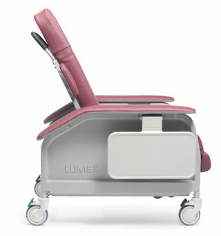 Pink recliner chair with wheels and a storage compartment on a white background, featuring the Lumex brand.