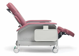 Recliner chair with pink backrest and Lumex branding on a white background