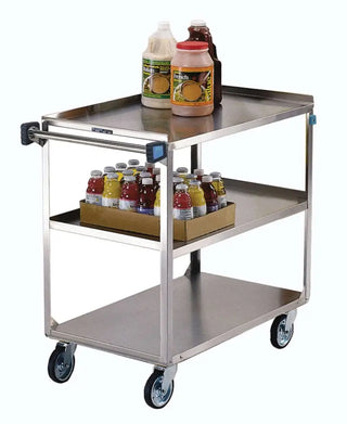 Lakeside 444, Stainless Steel Utility Cart, 3 Shelf 21″ x 35″, 500-Lb. Capacity on a white background with some foods on it