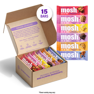 Open MOSH Mind Blowing Variety Pack box filled with wrapped Snack bars