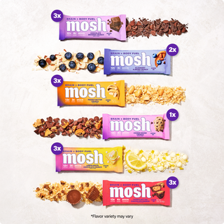 Six MOSH Snack bar flavors from the Mind Blowing Variety Pack laid out in rows