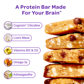 MOSH infographic listing the Brain Blend ingredients next to stacked protein bars