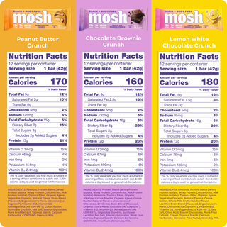 Nutrition facts panels for three MOSH Snack flavors in the Mind Blowing Variety Pack