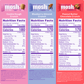 Nutrition facts panels for three more MOSH Snack flavors in the Mind Blowing Variety Pack