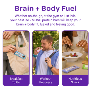 MOSH protein bars shown as a breakfast, workout and snack option