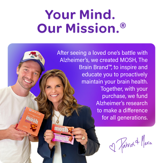 MOSH founders Maria Shriver and Patrick Schwarzenegger holding boxes of MOSH protein bars