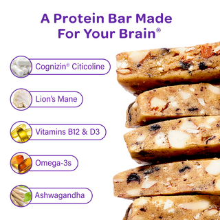 MOSH infographic listing the Brain Blend ingredients next to stacked protein bars