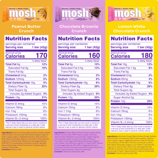 Nutrition facts panels for three MOSH Snack flavors in the Best Sellers Trial Pack