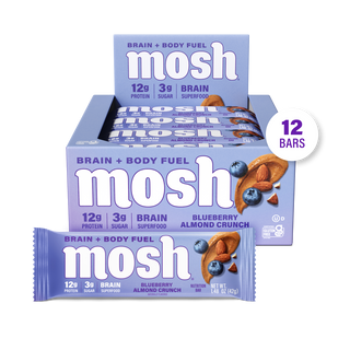 MOSH Blueberry Almond Crunch Protein Bar box with a single wrapped bar in front