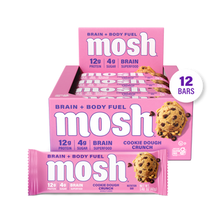 MOSH Cookie Dough Crunch Protein Bar box with a single wrapped bar in front