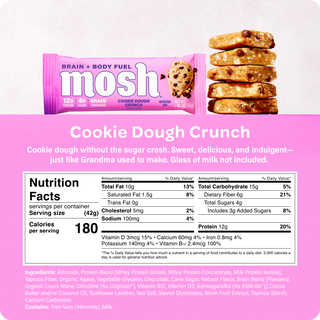 Nutrition facts panel and ingredient list for the MOSH Cookie Dough Crunch Protein Bar