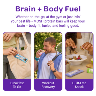 MOSH protein bars shown as a breakfast, workout and snack option