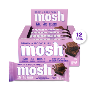 MOSH Chocolate Brownie Crunch Protein Bar box with a single wrapped bar in front