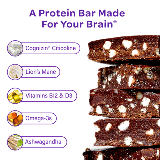 MOSH infographic listing the Brain Blend ingredients next to stacked Chocolate Brownie Crunch bars