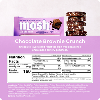 Nutrition facts panel and ingredient list for the MOSH Chocolate Brownie Crunch Protein Bar