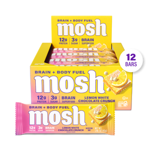 MOSH Lemon White Chocolate Crunch Protein Bar box with a single wrapped bar in front