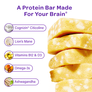MOSH infographic listing the Brain Blend ingredients next to stacked Lemon White Chocolate Crunch bars