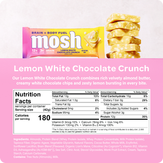 Nutrition facts panel and ingredient list for the MOSH Lemon White Chocolate Crunch Protein Bar