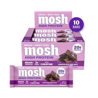 MOSH Chocolate Sea Salt High Protein Bar box with a single wrapped bar in front