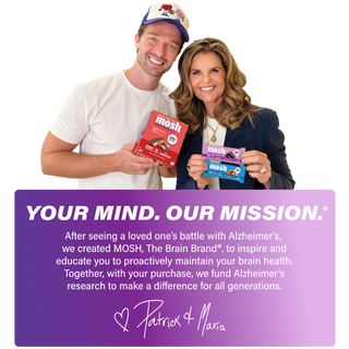 MOSH founders Maria Shriver and Patrick Schwarzenegger holding boxes of MOSH protein bars