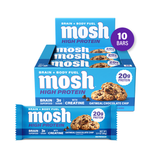 MOSH Oatmeal Chocolate Chip High Protein Bar box with a single wrapped bar in front