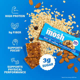 MOSH Oatmeal Chocolate Chip bar with oats and almonds next to the brand's protein, fiber and sugar highlights