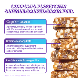 MOSH infographic describing the Brain Blend ingredients in the Oatmeal Chocolate Chip High Protein Bar