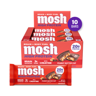 MOSH Peanut Butter Cup High Protein Bar box with a single wrapped bar in front