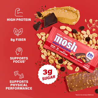 MOSH Peanut Butter Cup bar with peanuts and chocolate next to the brand's protein, fiber and sugar highlights