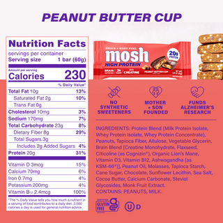 Nutrition facts panel and ingredient list for the MOSH Peanut Butter Cup High Protein Bar
