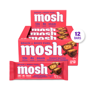 MOSH Peanut Butter Chocolate Crunch Protein Bar box with a single wrapped bar in front