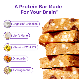 MOSH infographic listing the Brain Blend ingredients next to stacked Peanut Butter Chocolate Crunch bars
