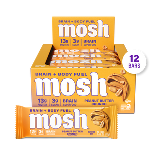 MOSH Peanut Butter Crunch Protein Bar box with a single wrapped bar in front