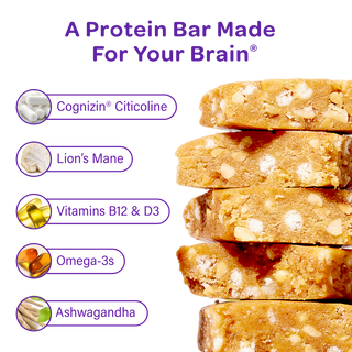 MOSH infographic listing the Brain Blend ingredients next to stacked Peanut Butter Crunch bars