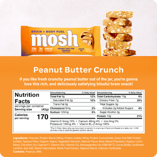 Nutrition facts panel and ingredient list for the MOSH Peanut Butter Crunch Protein Bar