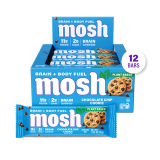 MOSH Chocolate Chip Cookie Plant-Based Protein Bar box with a single wrapped bar in front
