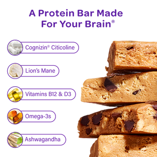 MOSH infographic listing the Brain Blend ingredients next to stacked Chocolate Chip Cookie bars