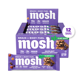 MOSH Hazelnut Chocolate Chip Plant-Based Protein Bar box with a single wrapped bar in front