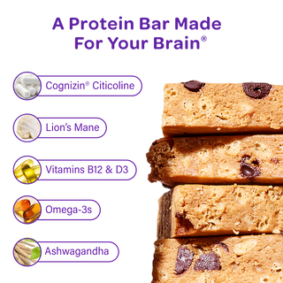 MOSH infographic listing the Brain Blend ingredients next to stacked Hazelnut Chocolate Chip bars