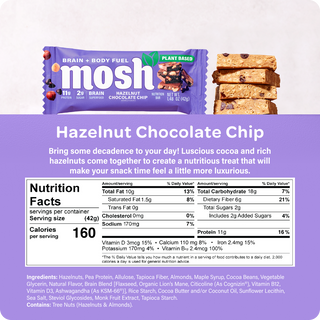 Nutrition facts panel and ingredient list for the MOSH Hazelnut Chocolate Chip Plant-Based Protein Bar