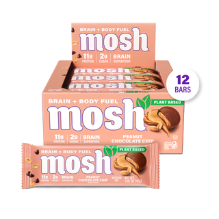 MOSH Peanut Chocolate Chip Plant-Based Protein Bar box with a single wrapped bar in front